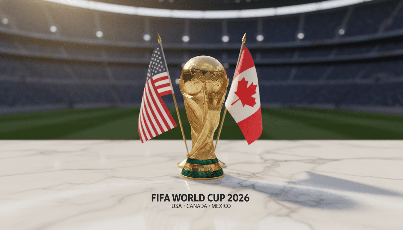 2026 FIFA World Cup trophy with USA Mexico and Canada flags representing the tri-nation host cities